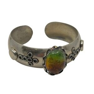 Vintage Cuff Bracelet Green Amber Gradient Glass Cabochon Cross Detail